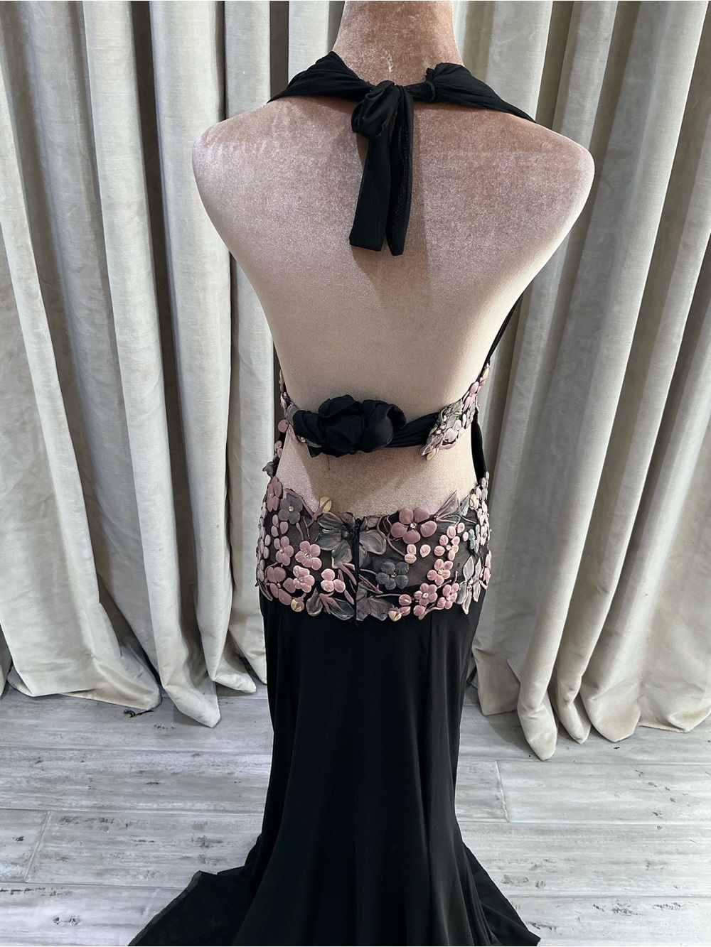 Black Halter Evening Gown with Pink Floral Embroidery - Picture 10 of 15